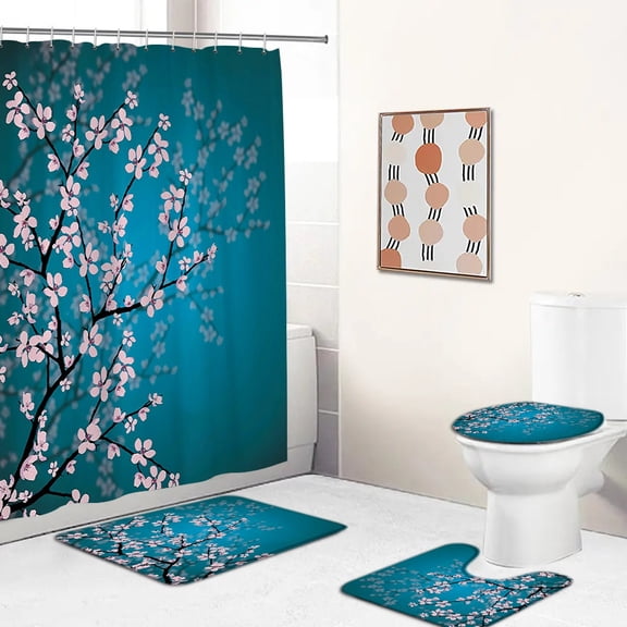Cherry Blossoms Print Fabric Shower Curtains Bathroom Curtain Set Flower Anti-skid Rugs Carpet Toilet Lid Cover Bath Mat Sets