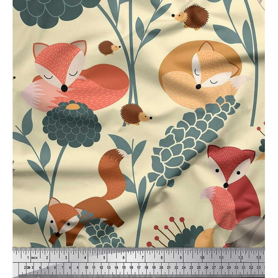 Soimoi Georgette Viscose Fabric Floral,Porcupine & Fox Cartoon Decor Fabric Printed Yard 42 Inch Wide
