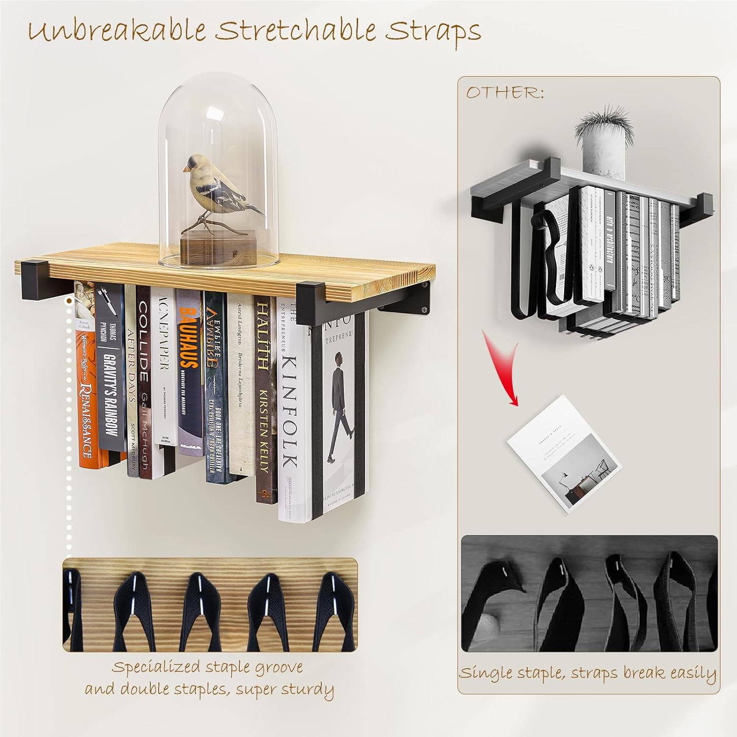 2 Set of Floating Bookshelf with Super Load-Bear Shelf Brackets, Paulownia Wood Invisible Bookshelf, Hanging Bookshelves for Wall, Unique Space Saving Wall Bookcase