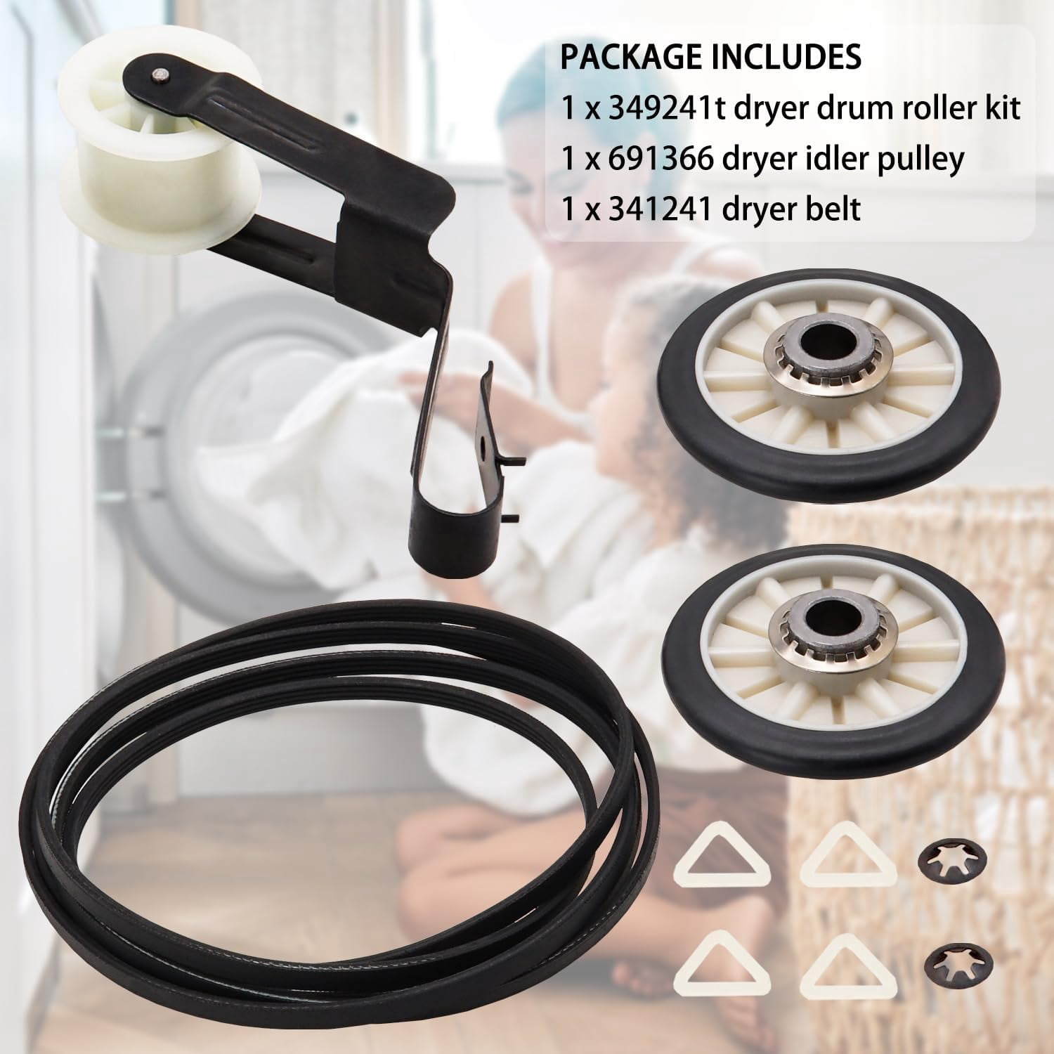 4392065 Dryer Repair Kit Replace Compatible with Whirl-pool WED5840SW0 WED6150PW0 WED7300DW2 WED5830SW0 WED5840SG0 WED5600ST0 WED5700VH0  349241T Drum Roller Kit 691366 Idler Pulley 341241 Dryer Belt