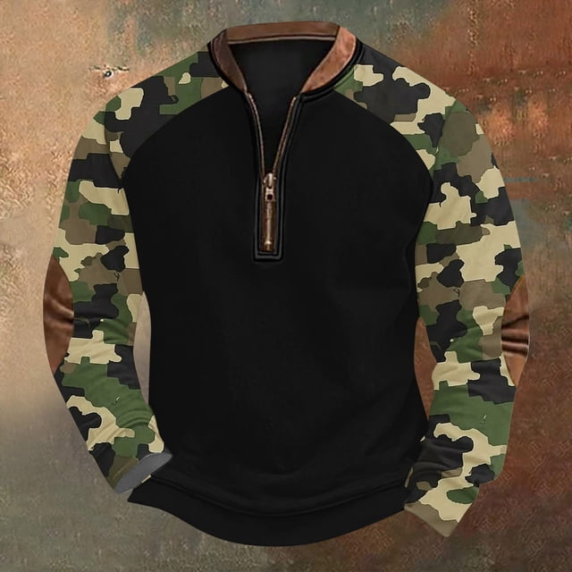 Blusas y camisas de manga larga con cuello redondo para hombre, talla grande, media cremallera, cuello redondo, estampado vintage de camuflaje, blusa de poliéster de manga larga para hombre