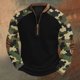 thumbnail image 1 of Blusas y camisas de manga larga con cuello redondo para hombre, talla grande, media cremallera, cuello redondo, estampado vintage de camuflaje, blusa de poliéster de manga larga para hombre, 1 of 4
