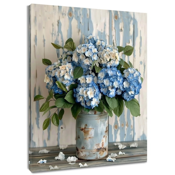 NEONWE Vintage Floral Wall Art, Blue Hydrangea with Green Leaf in Vase 8x10 Framed Canvas Art Prints