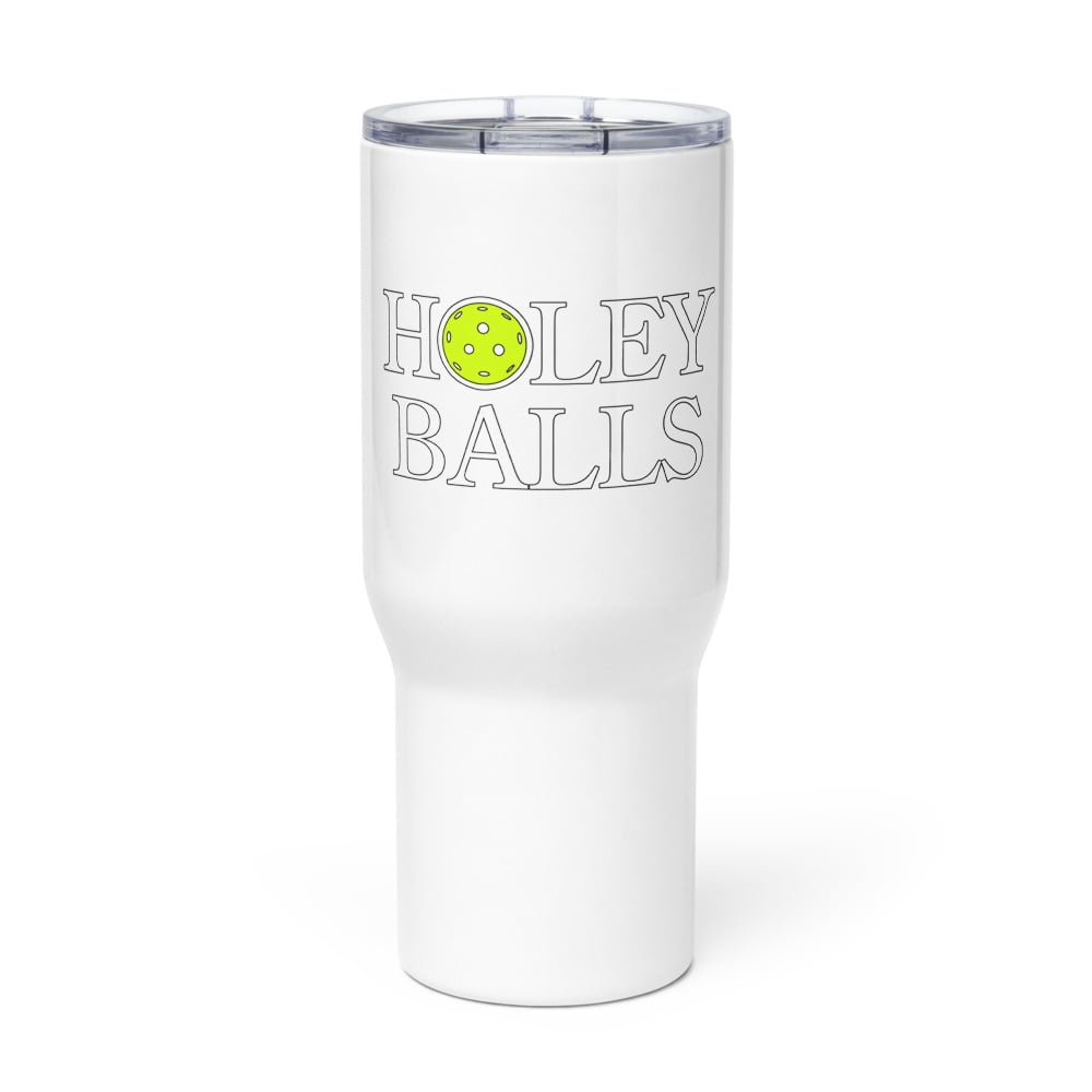 Holey Balls Pickleball Travel mug with a handle (25 oz)