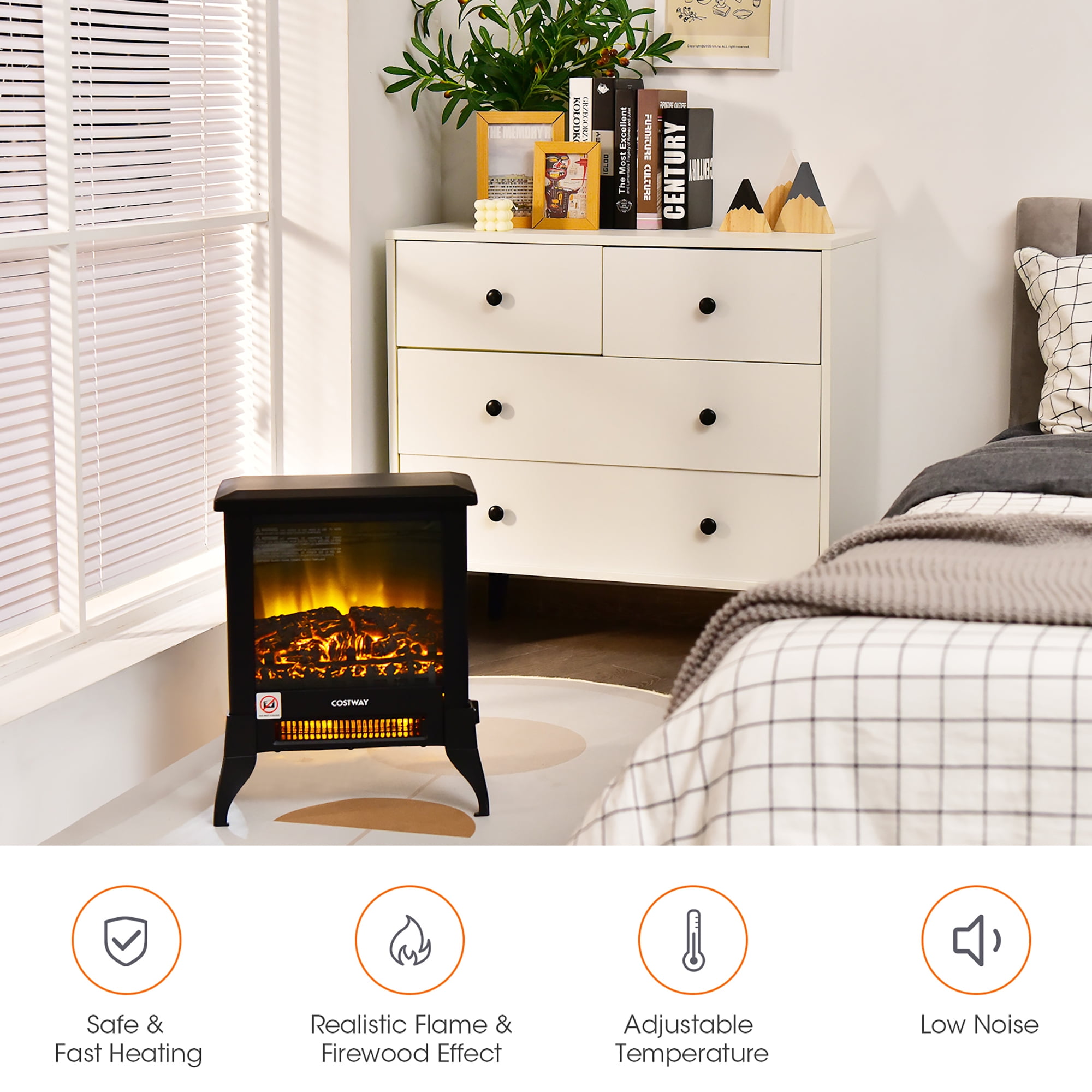 Costway 18''  Electric Fireplace Stove Freestanding Heater W/ Flame Effect 1400W