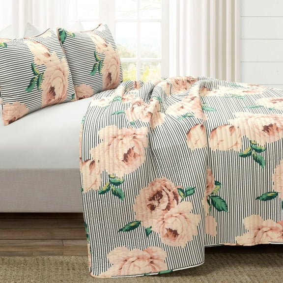 Lush Decor Mira Vintage Floral Oversized Quilt Dusty Rose/Black 3Pc Set King