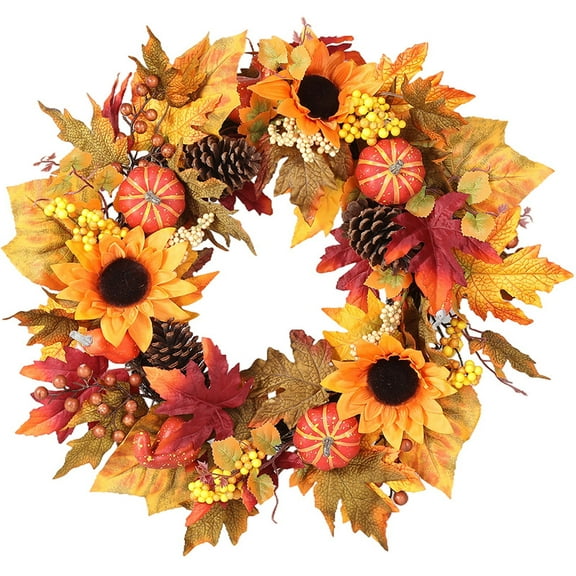 Sunflower Thanksgiving Wreath, 18 Inch Fall Wreaths for Front Door with Pumpkin Maple Leaf Berry, Autumn Wreath Fall Decorations for Door Home Indoor and Outdoor