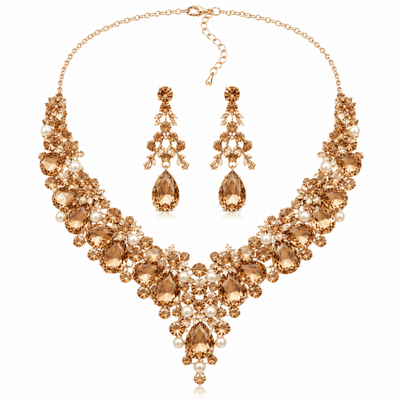 Exclusive Stephen Felix Joseph Collection Champagne Color Statement Necklace and Earring set.