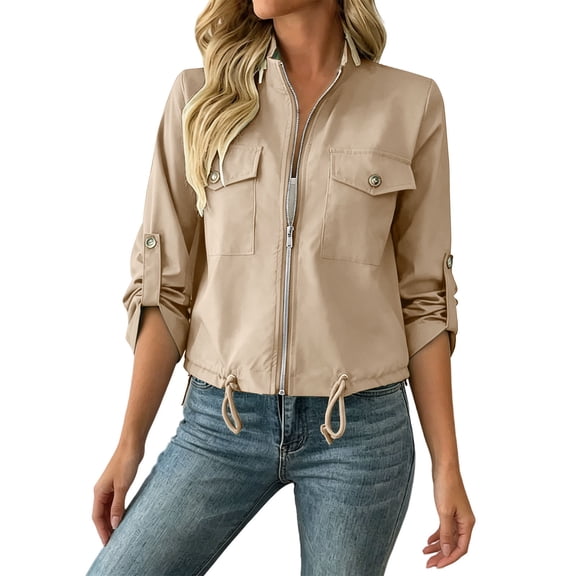 APEXFWDT Womens Lightweight Cropped Jackets Zip Up Roll Tab Sleeve Utility Jackets Drawstring Hem Casual Outerwear with Pockets,S,Khaki