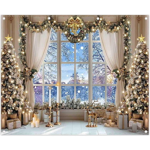 Fabric Christmas Winter Backdrop - White Snow Forest Scene with Xmas Tree - Photography Background for Family Holiday Party Decor & Photo Props