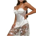 thumbnail image 2 of FNFYFH Women's Mesh Floral Embroidery Lace Trim Sheer Chemise Sleep Dresses Babydoll Nightgown Satin Slip Dress with Thong, 2 of 7