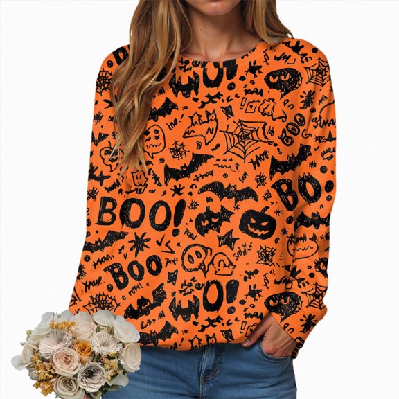 Godom Halloween Sweatshirts for Women Ghost Graphic Long Sleeve Tunic Shirts Crewneck Loose Pullover Tops 2025 Trendy Outfit