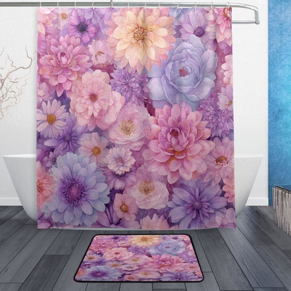 TTYFWHD 60" x 72" Shower Curtain and Bath Mat Set Soft Hue Florals Waterproof Bathroom Curtain with 12 Hooks, Bathroom Decor Set