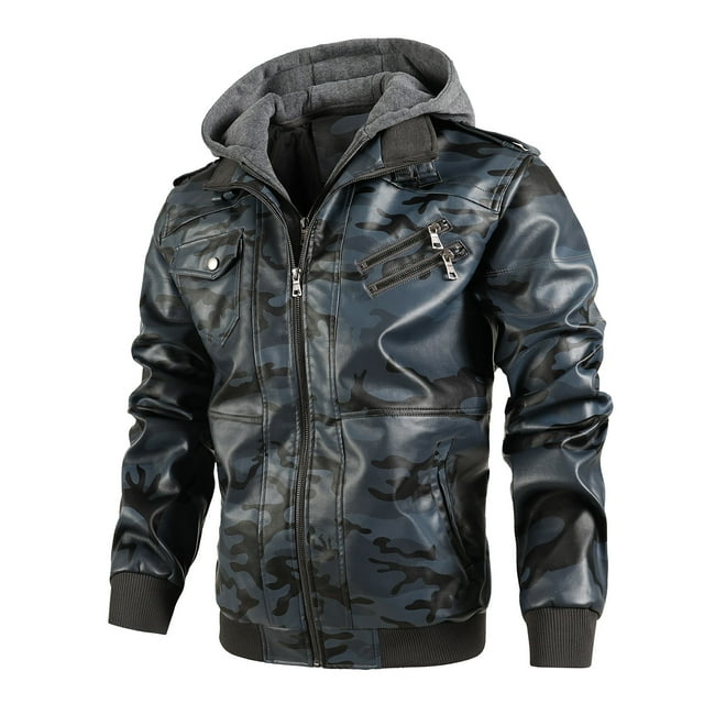 IROINNID Cardigan à Capuche en Faux Cuir pour Hommes, Couleur Unie, Col Rabattu, Veste Chaude en Coton, Bleu Foncé