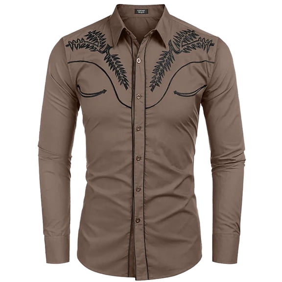 FINALGANG Mens Long Sleeve Cowboy Shirt With Embroidery Collar Slim Fit Button Front Casual Party Festival Shirt For Holiday Dance Daily Wear Coffee XXL