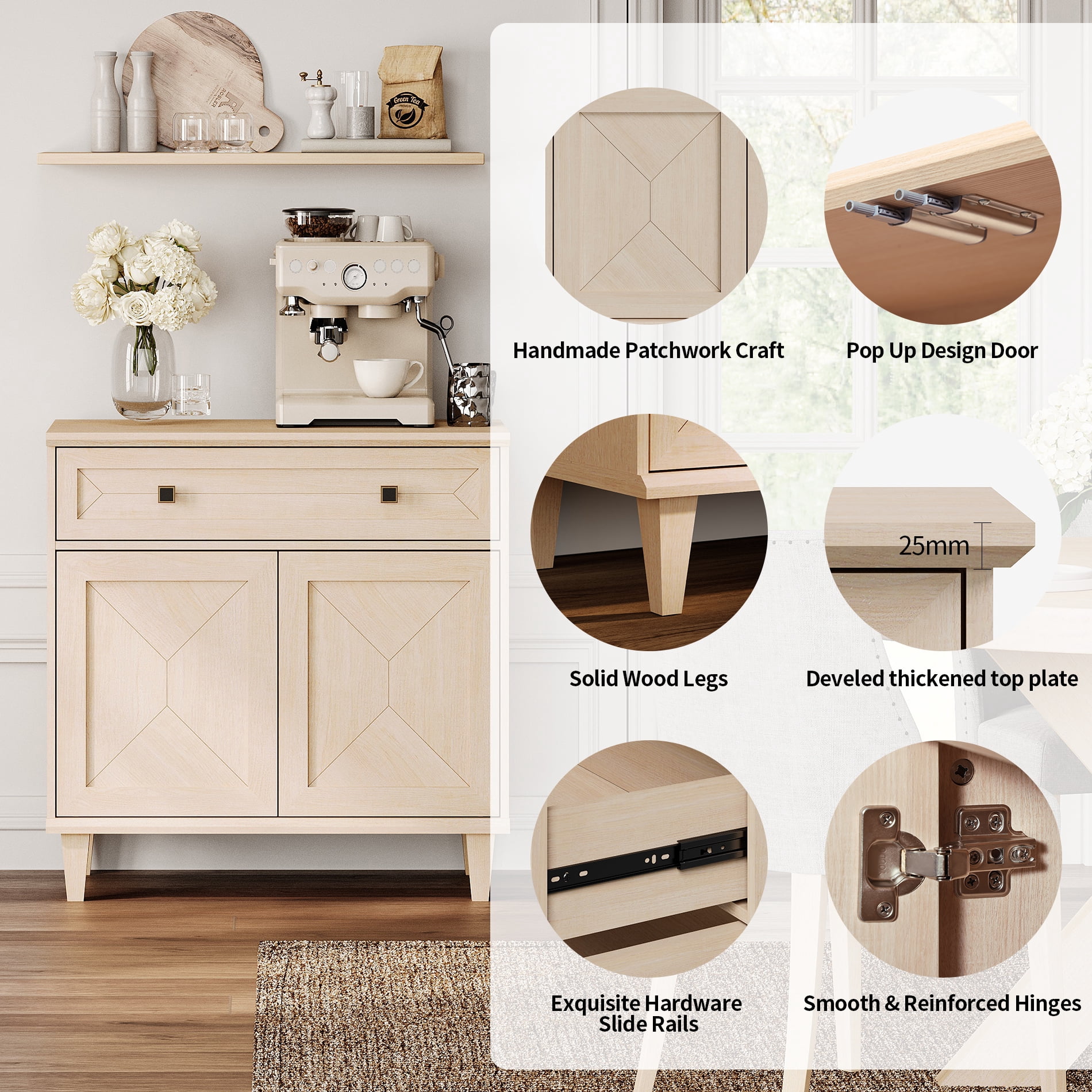 WAMPAT 3-in-1 Handmade Patchwork Buffet Cabinets,Beige