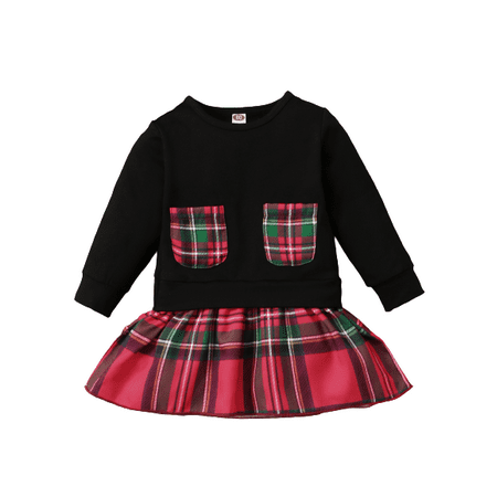 

OLLUISNEO Infant Baby Girls Dress 9 Months Winter Dress 12 Months Solid Color Long Sleeve Plaid Prints Fake-Two-Pieces Dress Black