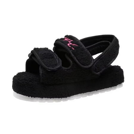 

JJtiger One word thick sole fluffy Velcro embossed cotton fluffy sandals female