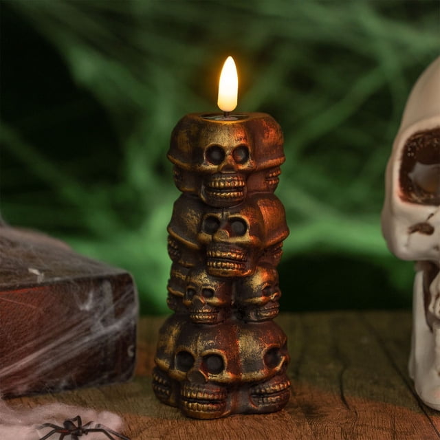 HHBEAUTY Skull LED Candle, Moving Flame, Gothic Halloween Decor, Battery Operated Flameless Unscented Wax Indoor
