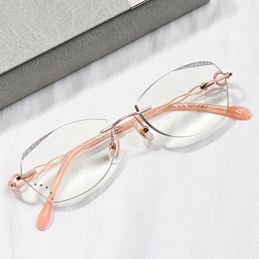Women's Rimless Reading Glasses 4.00 Anti-Blue Light Bling Diamond Frameless Rose Gold Readers 4.00 Strength
