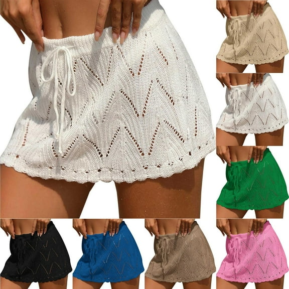 safuny Women's Mini Knitted Skirts Clearance High Waisted Drawstring Summer Y2K Girls Vintage Holiday Casual Beach Hollow Out Hip Wrap Fashion Cotton Lined Beige Free Size