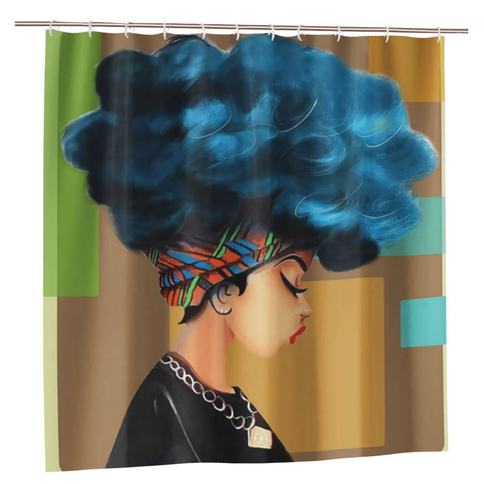 JOOCAR Cute Afro Girl Bathroom Shower Curtain Sets, Blue Hair Black