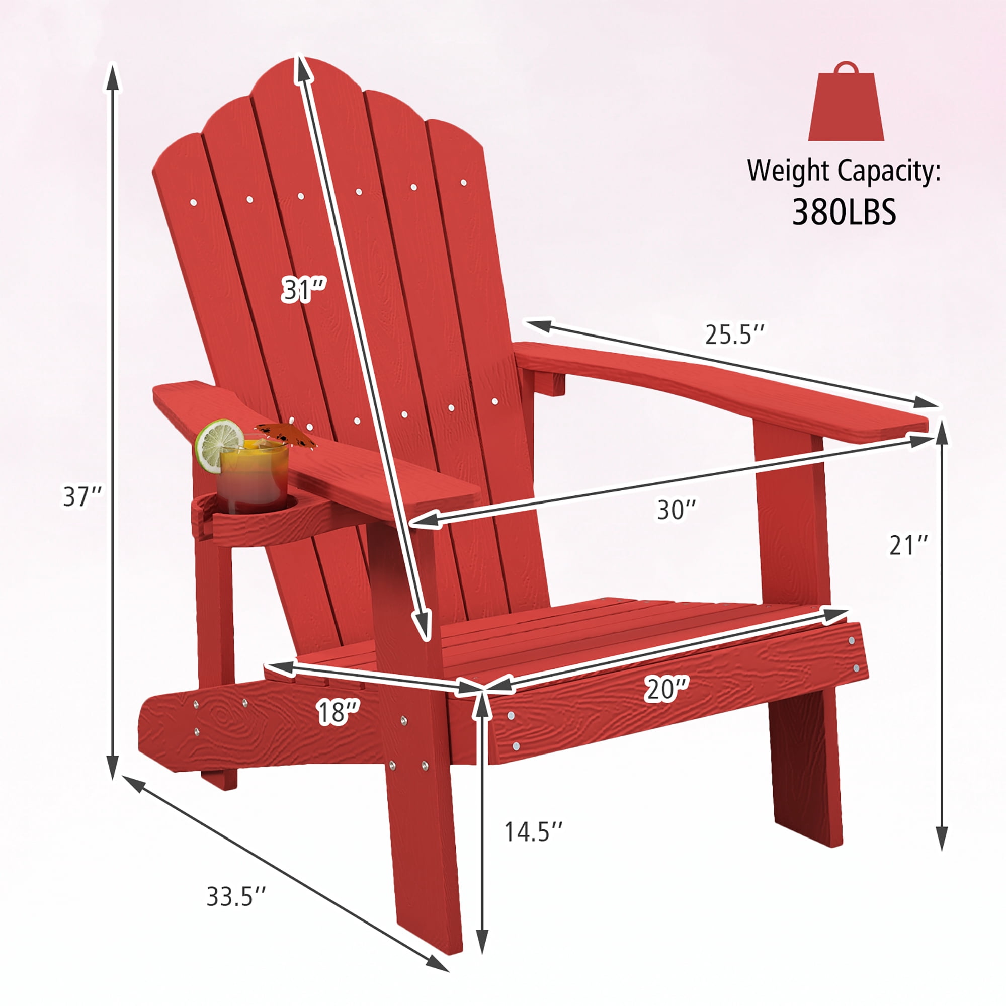 Gymax Patio HIPS Outdoor Weather Resistant Slatted Chair Adirondack Chair w/ Cup Holder Red