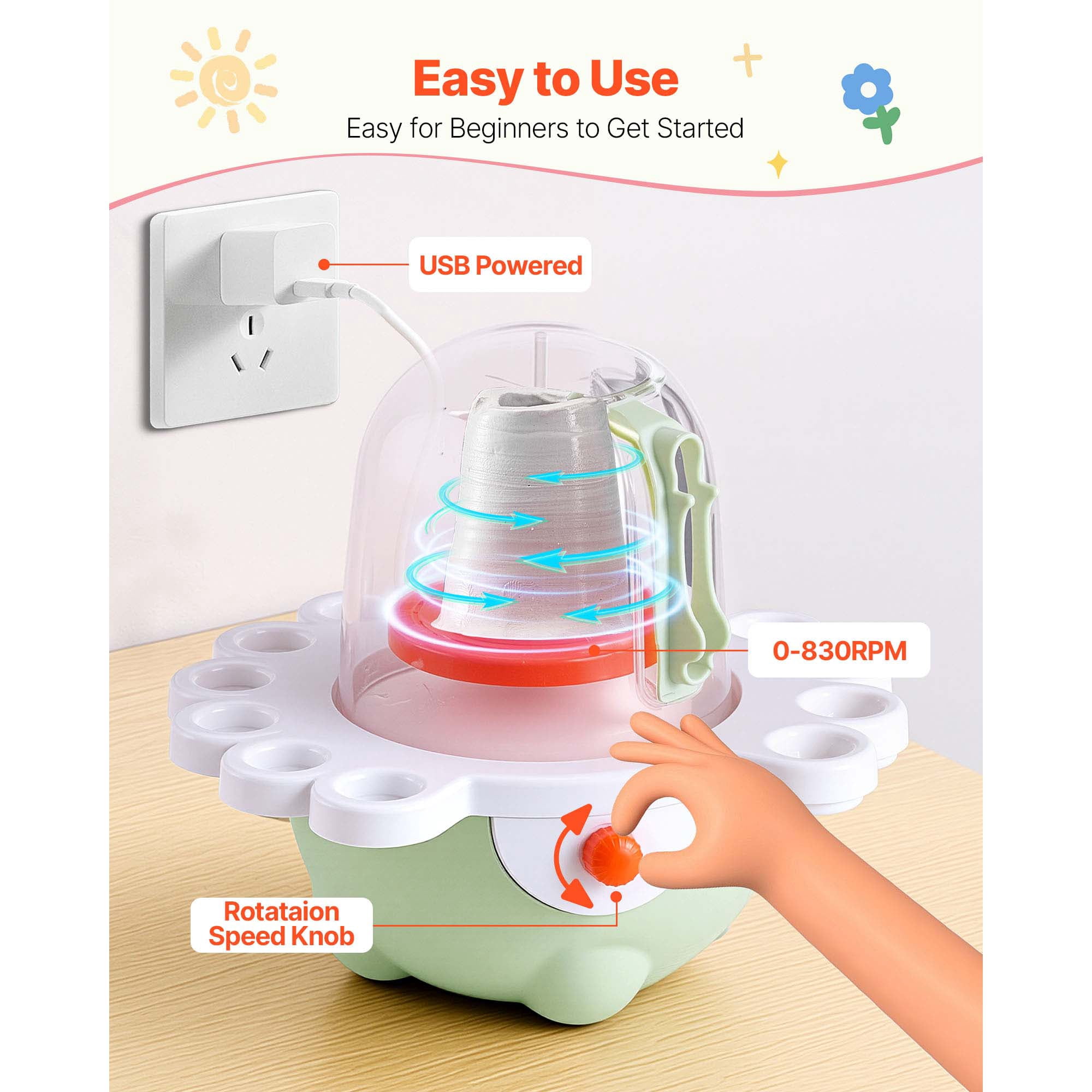 KFFKFF Mini Pottery Wheel with Adjustable Speed, 2 in and 3 in Turntables, Electric Clay Wheel for Beginners and Kids, Includes Clay Sculpting Tools, Ideal Gift for Boys and Girls, Green