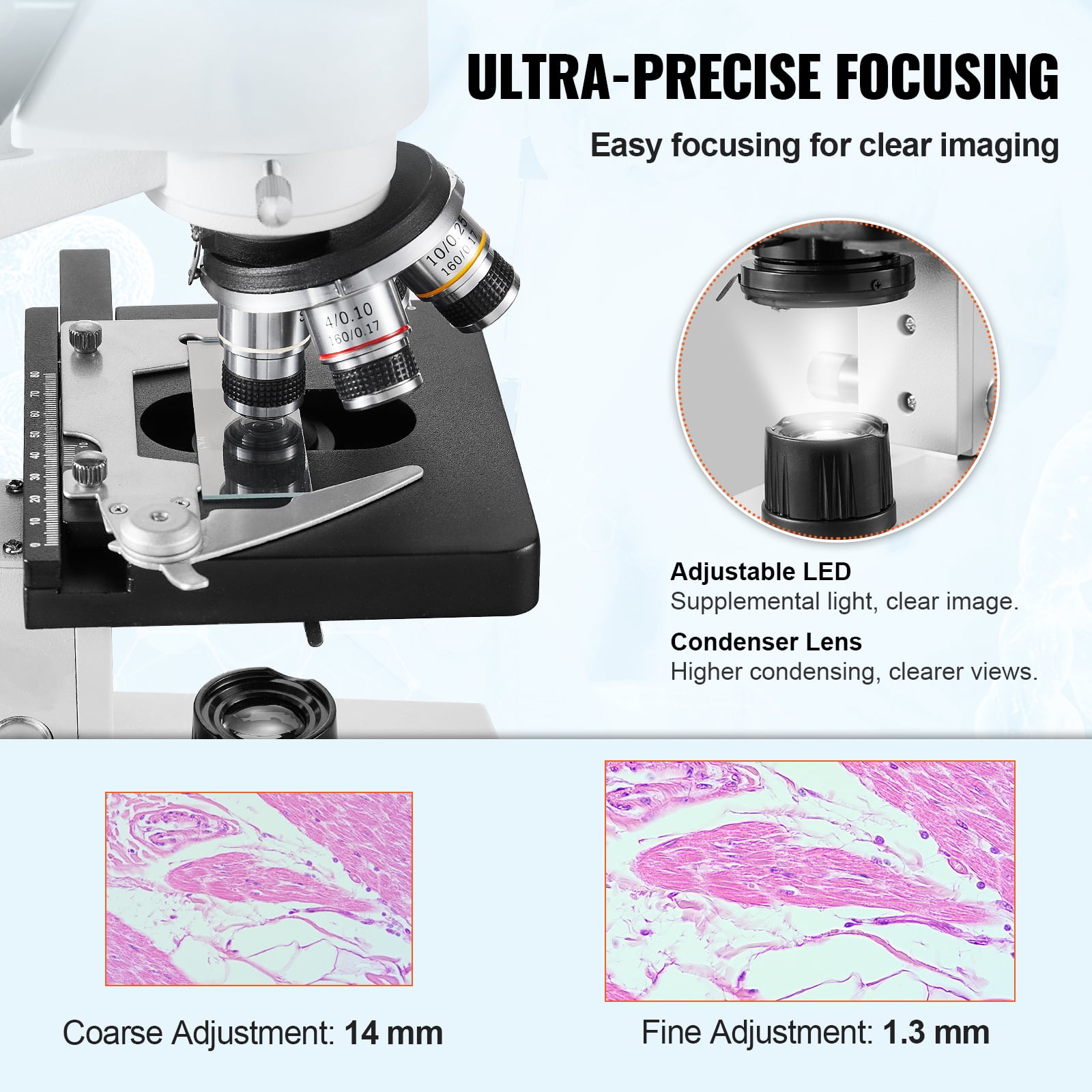 KFFKFF Dual-View Compound Microscope, Magnification Range 40X-2500X, LED-Lit Laboratory Microscope with Dual Layer Stage, Comes with Smartphone Mount & Slide Set