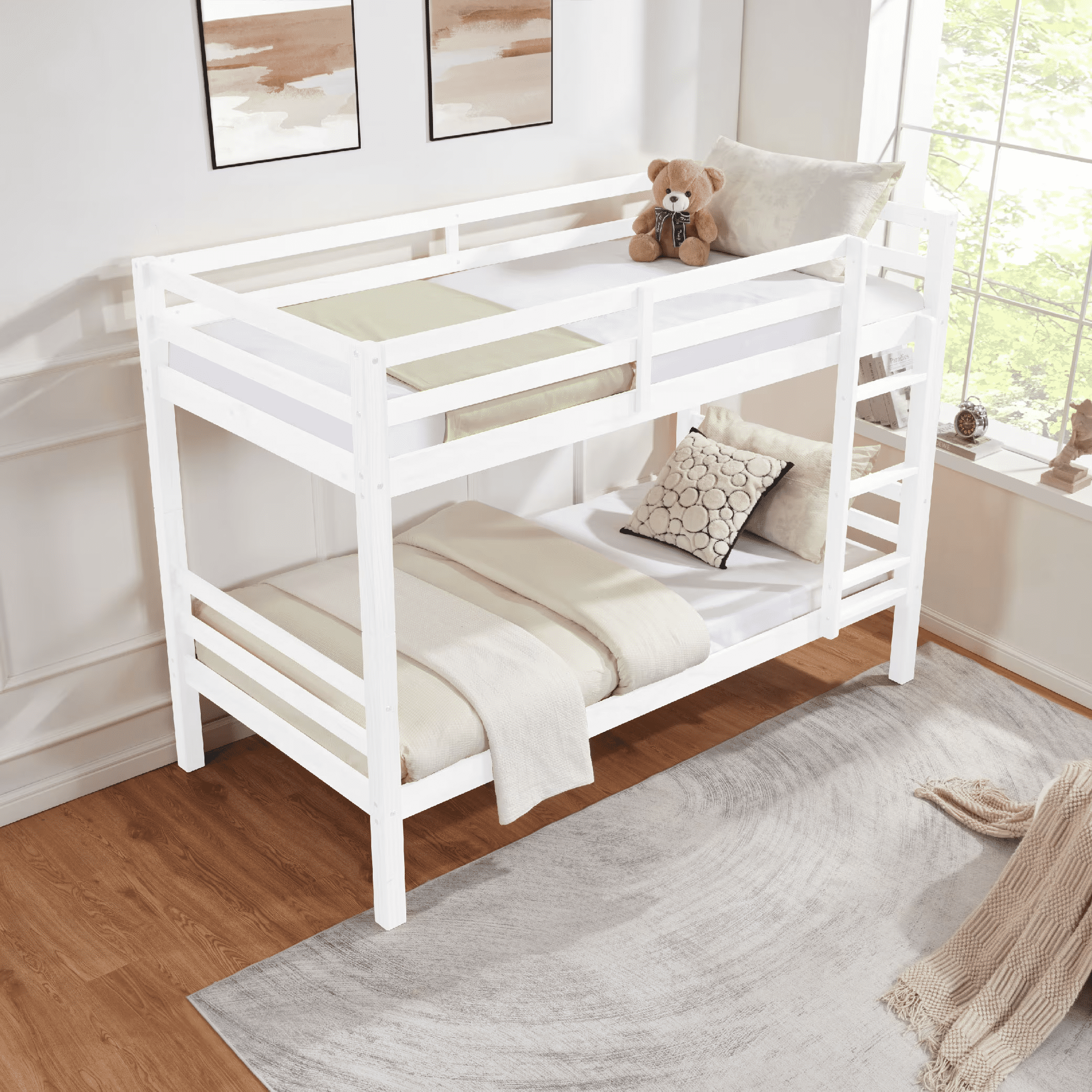MAYEERTY Twin over Twin Bunk Bed with Thick Posts, Wooden Bed Frame with High Guardrail and Ladder for Kids, No Box Spring Needed, White