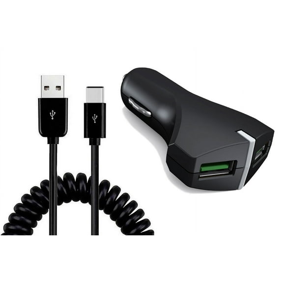 36W Fast Car Charger for Samsung Galaxy A16 5G - 2-Port USB Coiled Cable Type-C Quick Charge DC Socket for Galaxy A16 5G