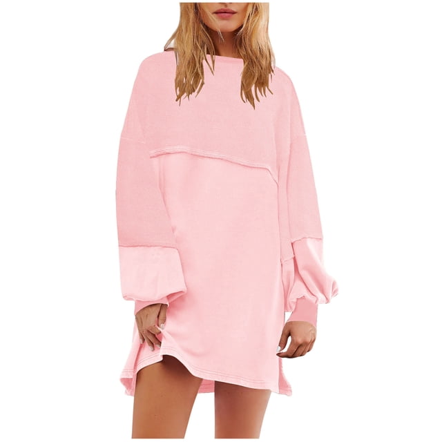 Lovzfmll Robe Fendue Moulante à Manches Longues et Col Rond pour Femme, Couleur Unie, Rose, m