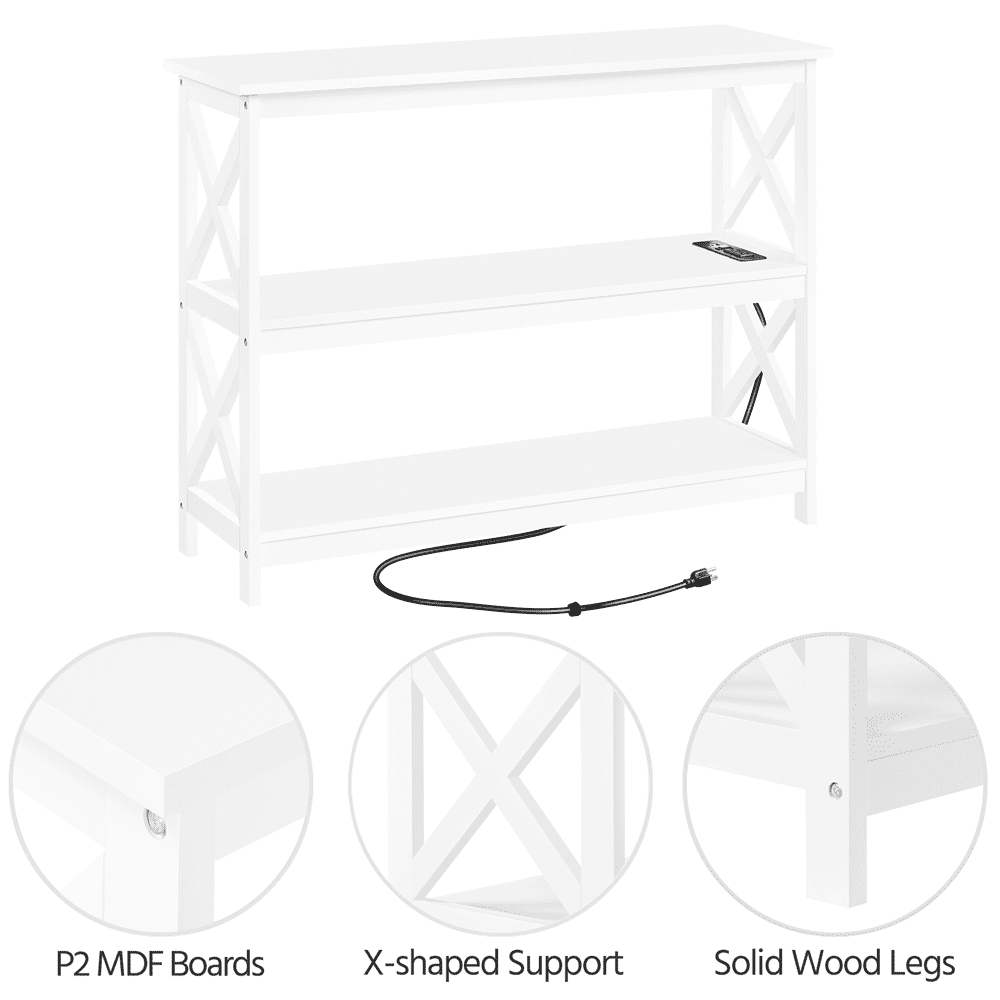 Alden Design 3-Tier Wooden Console Table with Power Outlet for Living Room, White