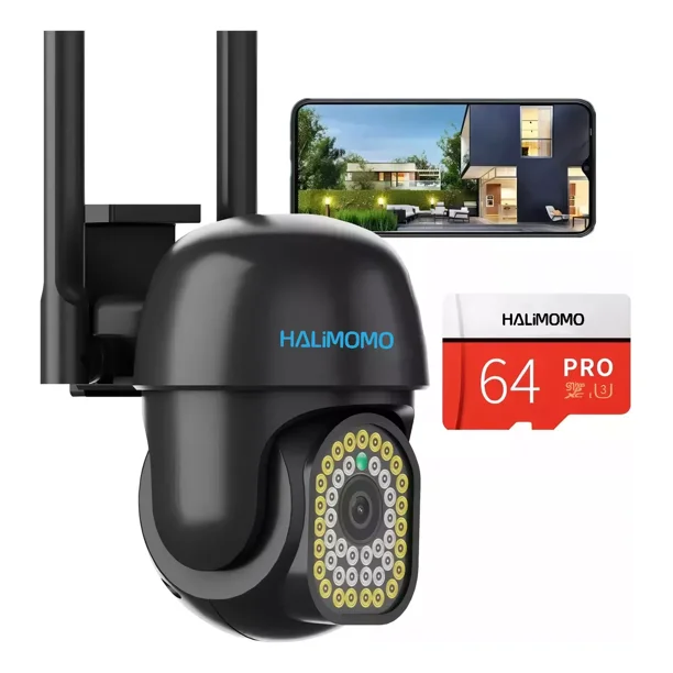 Camara De Seguridad Vigilancia Vista 360° Exterior y interior Seguimiento Automático Detección Humana Audio Bidireccional Tarjeta de memoria SD 64 GB incluida Halimomo Color Negro