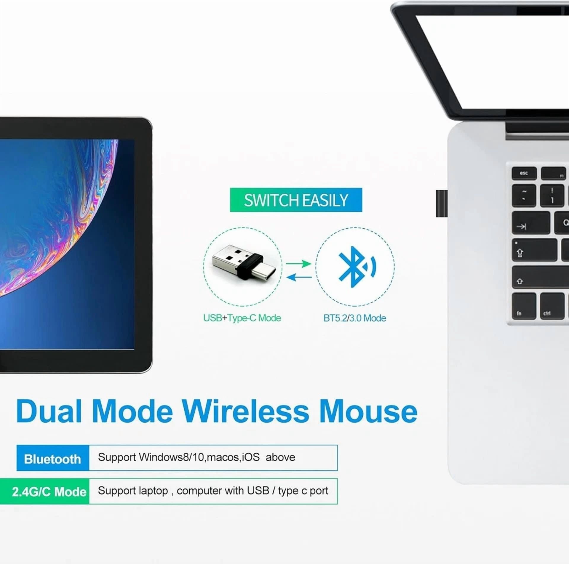 CIRCLE- Rechargeable 4 Modes Bluetooth Mouse 3.0/5.2+Usb-2.4G/Type-C Wireless Pc Mouse