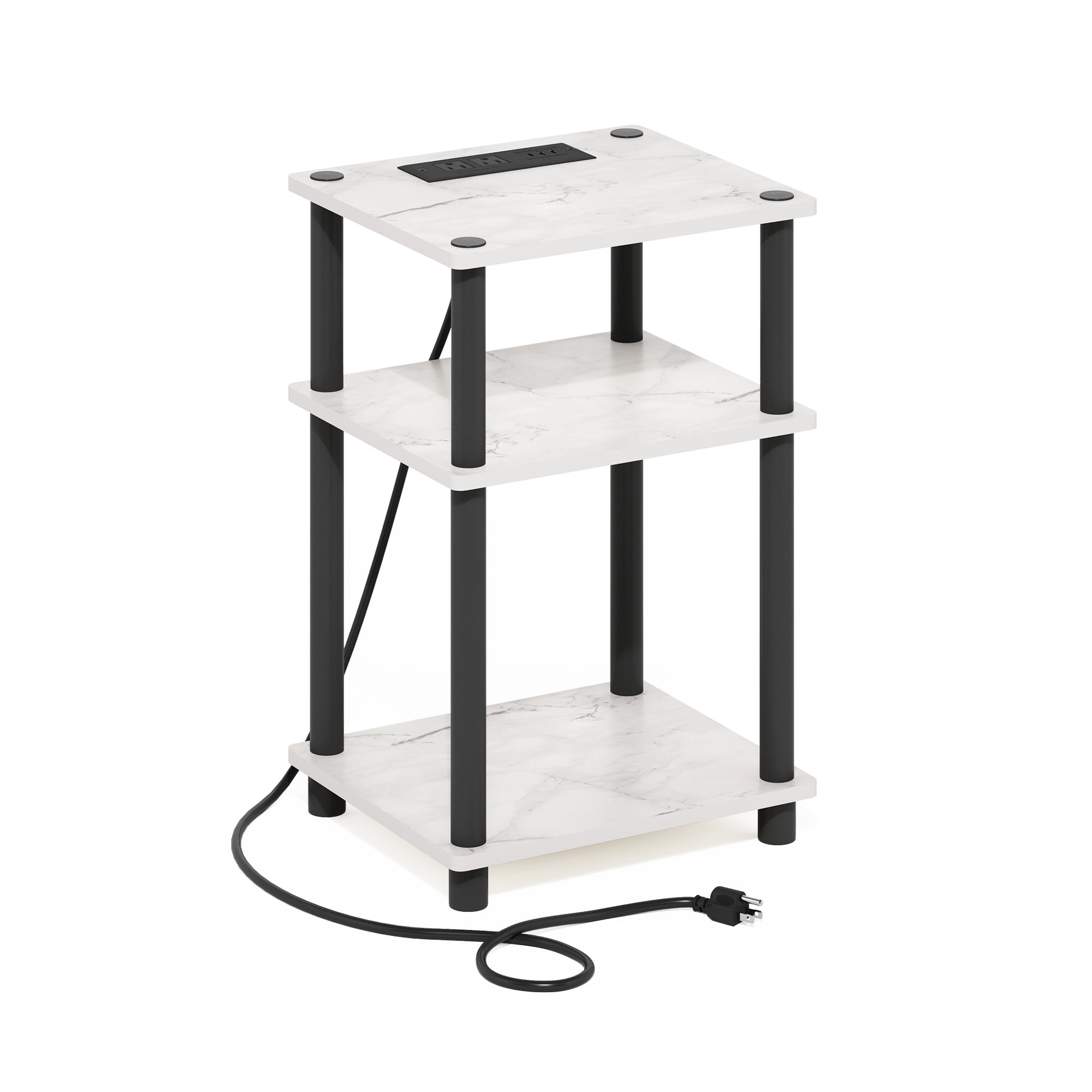 Furinno Just 3-Tier Turn-N-Tube USB and Type-C Charging Port End Table with Open Storage, Marble White/Black