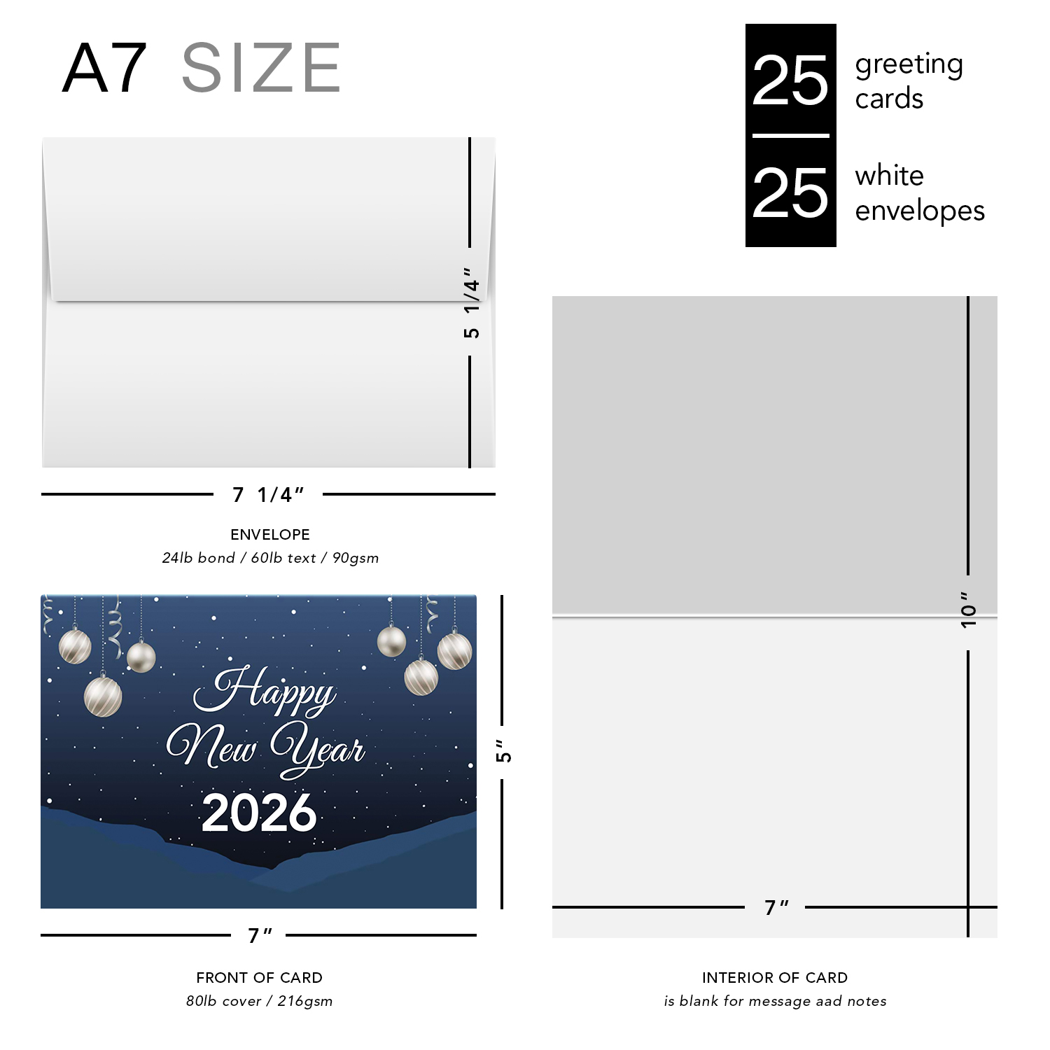 2026 Happy New Year Cards and Envelopes | Elegant Christmas, Holidays, Xmas, New Year's Eve Blue Thank You Invitation Greeting Cards Set – 25 Half Fold Cards and A7 Envelopes | 5 x 7 inches (A7 Size)