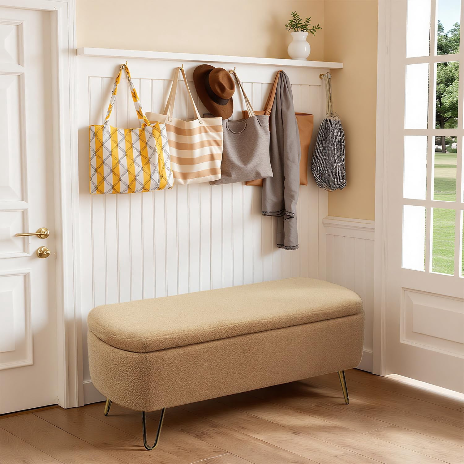 LEHZROAJ Upholstered Storage Bench,Rectangular Padded Ottoman, Shoe Storage with Gold Legs, End of Bed for Bedroom, Entryway, and Living Room(Camel)