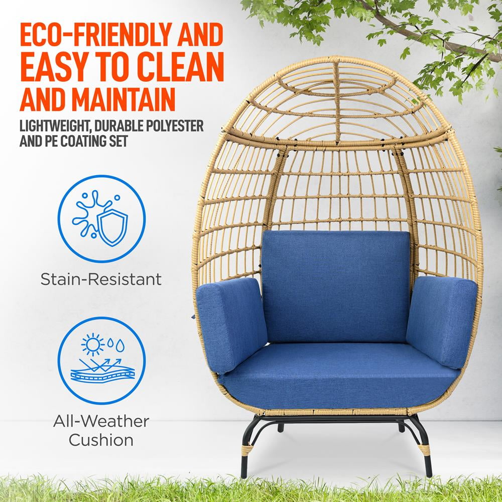 SereneLife Wicker Rattan Egg Chair, Indoor Outdoor Blue Sofa Chair for Patio Backyard & Living Room