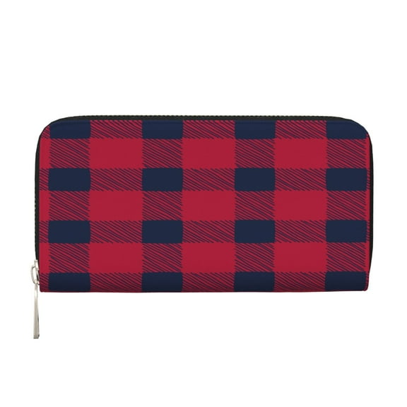 Leather Zipper Pocket Hand Wallet For Women And Men Travel Leather Purse Large Capacity Credit Card Holder Classic Handdrawn Blue Red Buffalo Plaid