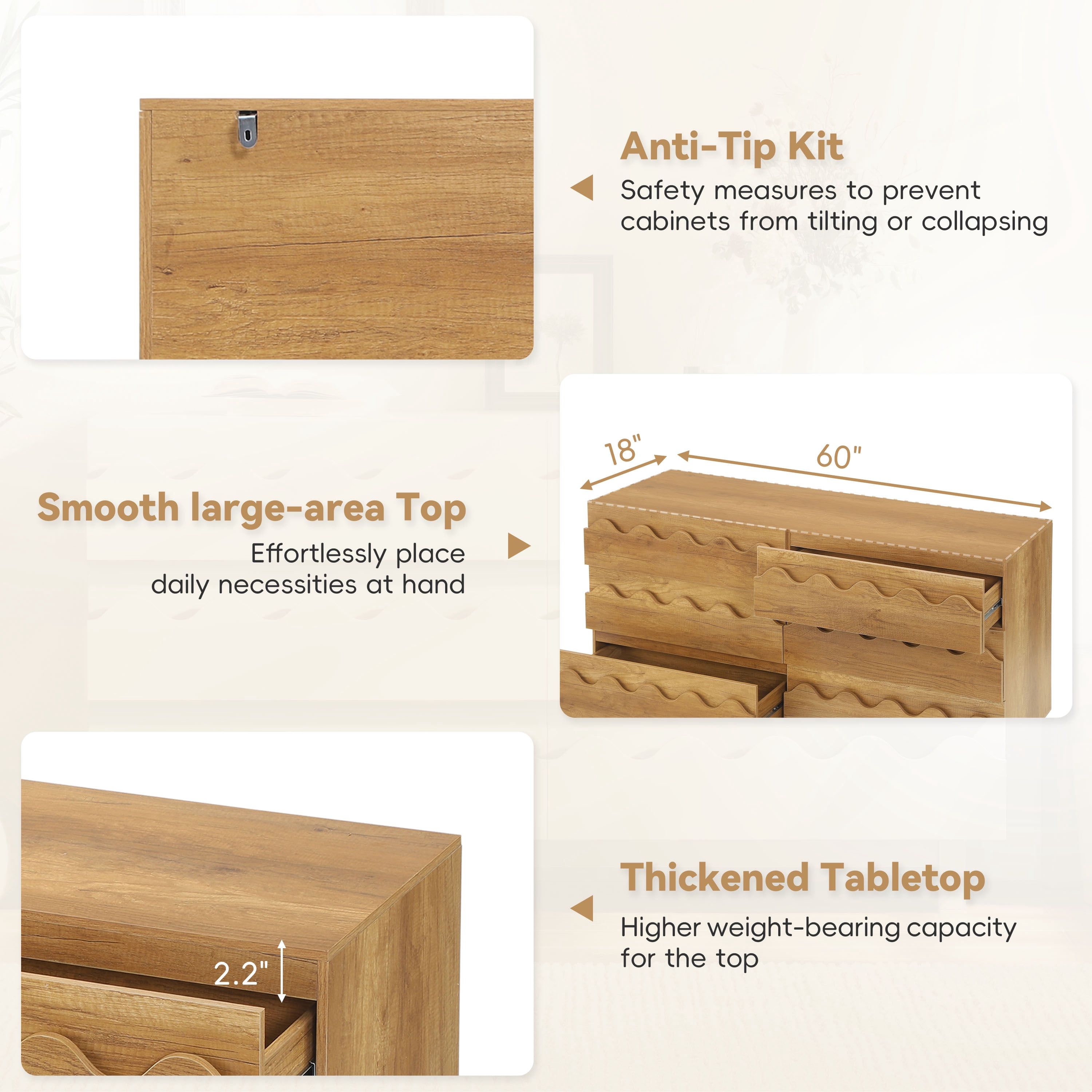 Alvantor 6 Drawer Dresser, 60" Wide Wooden Chest of Drawers, Fluted Dresser for Bedroom Oak