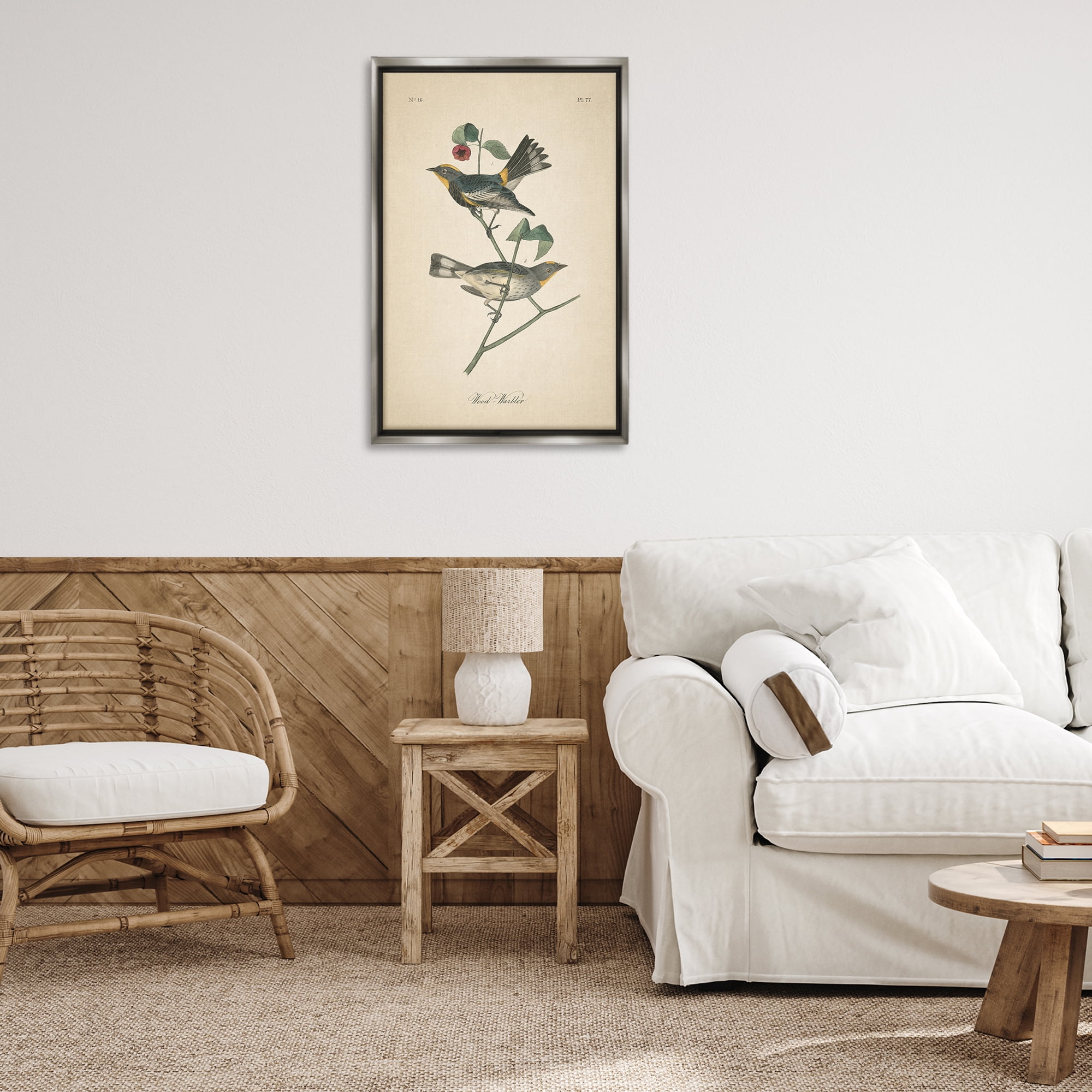 Stupell Industries Vintage Warbler Page Animals & Insects Painting Gray Floater Framed Canvas Art Print Wall Art, 21 x 31