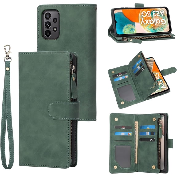 Compatible with Galaxy A23 5G Wallet Case, Premium PU Leather Zipper Folio RFID Blocking with Card Slot Wrist Strap Magnetic Closure Kickstand Protective Phone Case for A23 (Black Green)