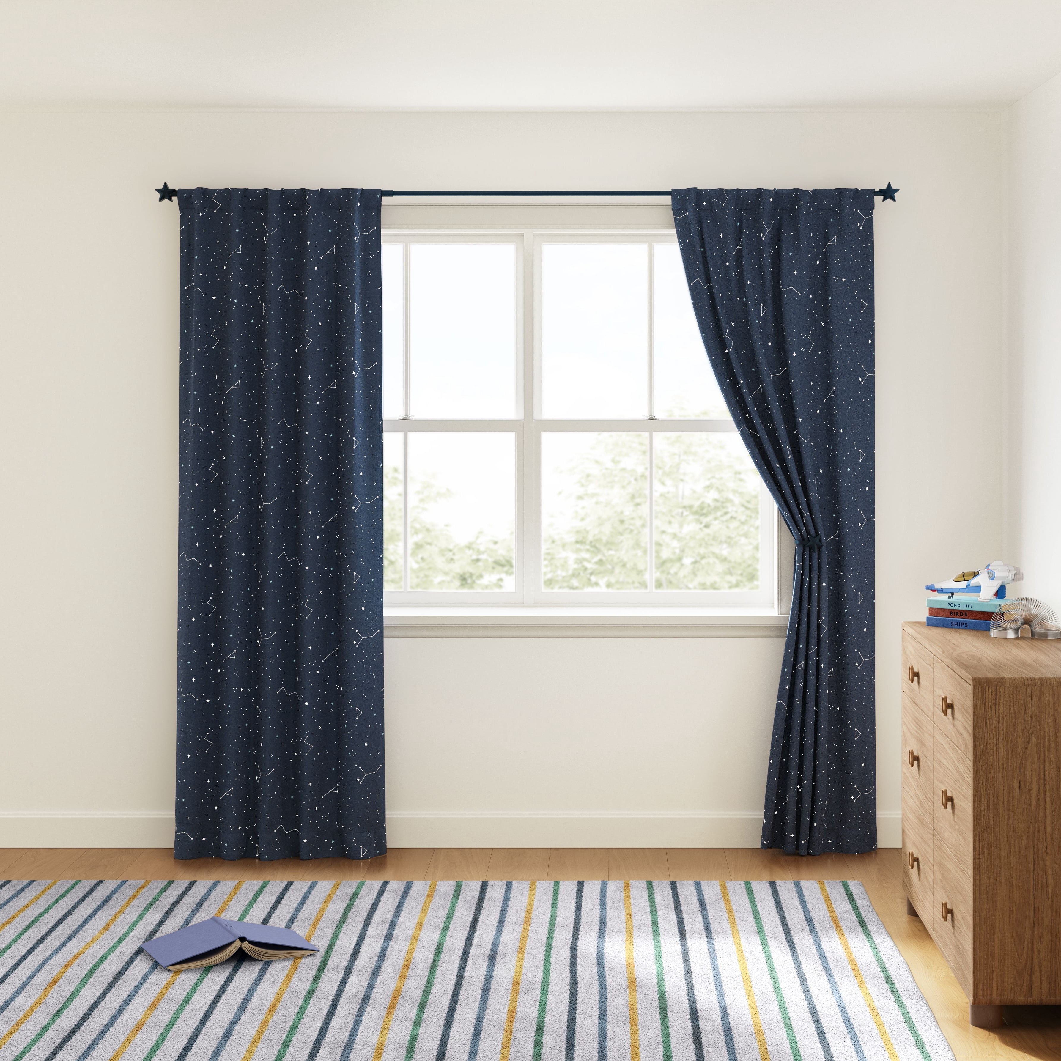 Mainstays Kids Dark Navy Printed Glow in the Dark Blackout Rod Pocket with Back Tabs Single Curtain Panel, Star Constellations Print, 38" W x 84" L