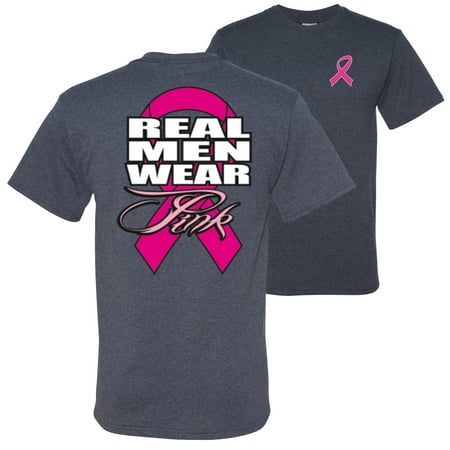Real Men Wear Pink Breast Cancer Awareness Front & Back Mens T-shirts   Vintage Heather Blue  Small