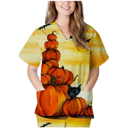 

Tarmeek Women s Halloween Print Stretch Scrub Top Holiday Tops V-Neck Short Sleeve Fashion Comfy Scrub Shirts Tunic Tops Workwear T-Shirts