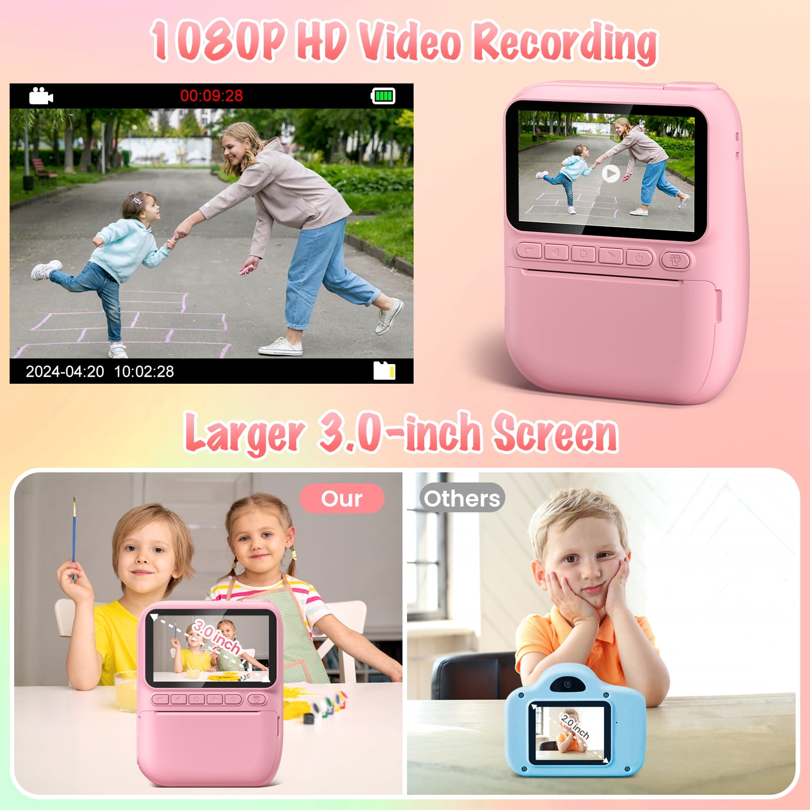 Gofunly Instant Print Camera for Kids, 1080P HD Digital Video Instant Camera for Boys & Girls 3-12 Years Birthday Gifts, with 32GB Card and Printing Paper