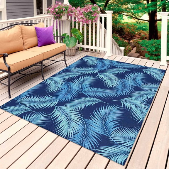 Blue Tropical Plants Outdoor Rug for Patio/Deck/Porch, Non-Slip Large Area Rug 3 x 5 Ft, Summer Monstera Palm Leaf Indoor Outdoor Rugs Washable Area Rugs, Reversible Camping Rug Carpet Runner