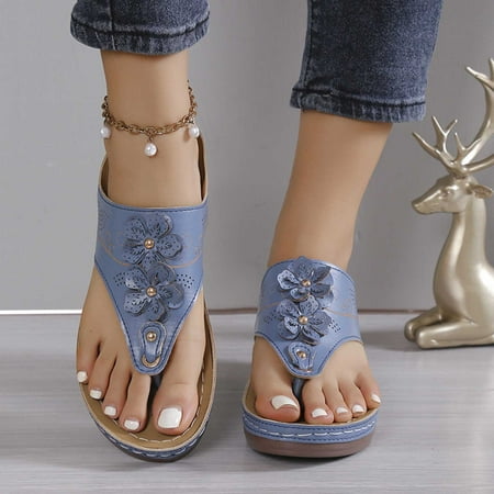 

Jacenvly 2024 New Women s Plus-Size Solid Color Flower Casual Comfortable Lunge Sandals Blue Sandals for Women Clearance