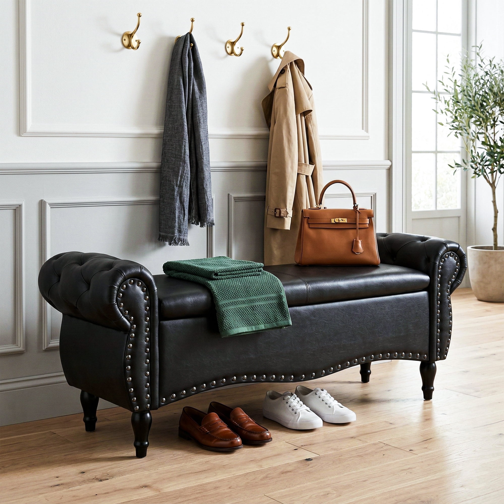 YIKEMA Upholstered PU Leather Rectangle Storage Ottoman Bench with Nailhead Trim, 51.5", Black